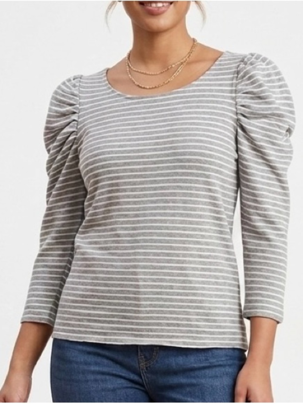 Rebecca Taylor Gray & White Striped Puff-Sleeve Long Sleeve Top